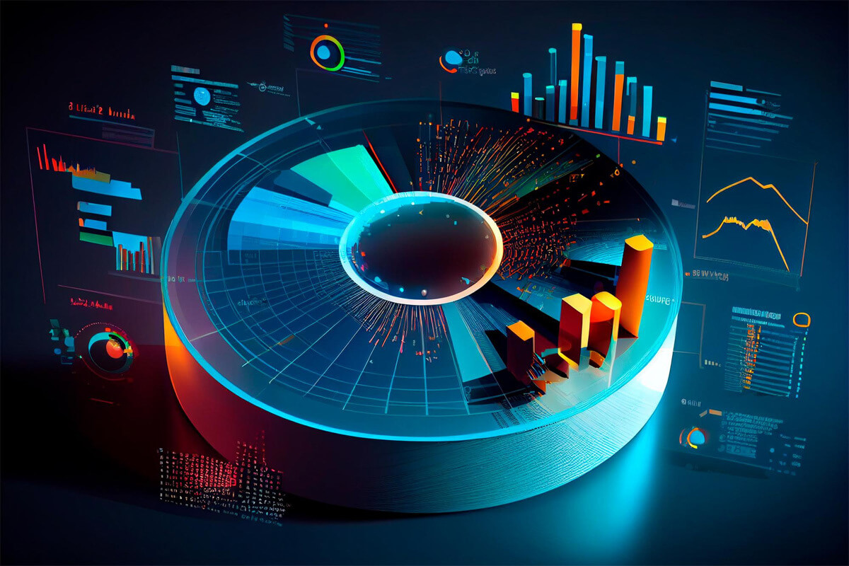 A futuristic display with various types of data visualizations and analytics, including graphs, maps, and charts.